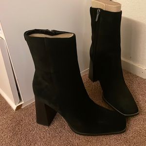 Black squared toe heeled boots